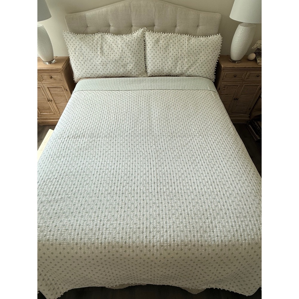 Boho Quilted King Bedding Set White Sage Green Pom Pom Trim Quilt 2 Shams